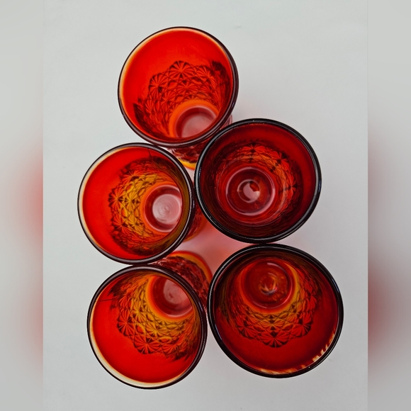 Amberina Daisy Button Glasses Set Of 5 Red Orange Art Glass 3.75 " Tall Vintage - Picture 10 of 16